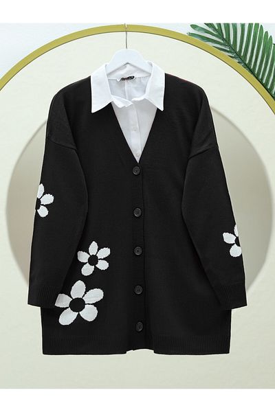 Modamorfo Daisy Patterned Buttoned Cardigan - Black