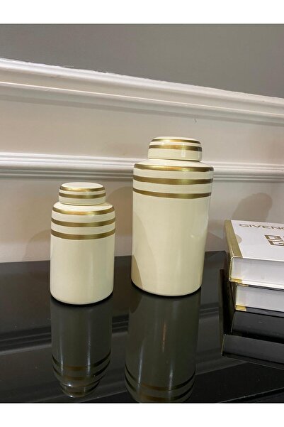 SZN DEKOR İkili seramik krem gold detaylı  vazo, orta sehpa yan sehpa masa de...