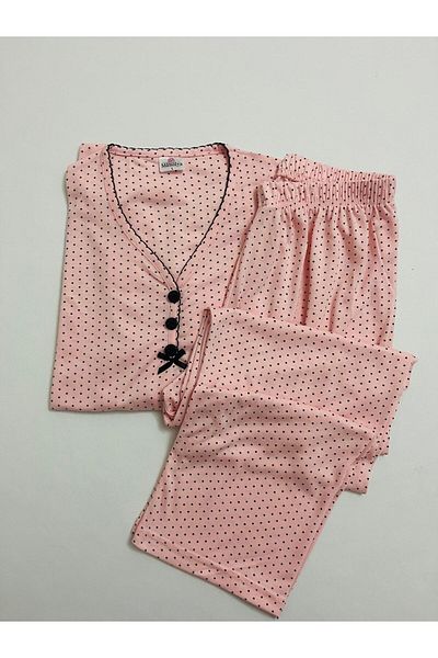 Manolya Women's Viscose Powder Polka Dot Half Button Long Sleeve Pajamas Set