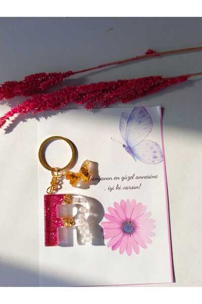 demirbasavm سلسلة مفاتيح إيبكسي مصنوعة يدويًا على شكل حرف R لعيد الأم