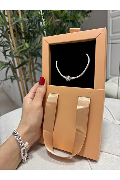 Silver 925 Ayar Gümüş Ortası Kalpli Charm Kadın Bileklik / Kutulu Gönderim