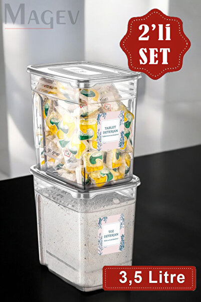 MAGEV PLASTİK 2'li Deterjan Saklama Kutusu Kapaklı Toz Ve Tablet Deterjan Saklama Kabı 3,5 Litre