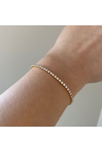 nerora İnce Sıra Taşlı Su Yolu Kararmaz Rodyum Kaplama Çelik Bileklik Gold