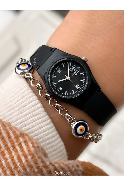Q&Q Brand Black Color Silicone Cord Small Case Numeral Wrist Watch+Bracelet