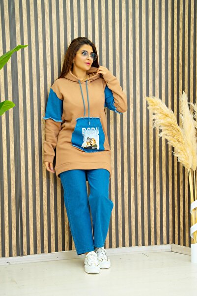 zümrüt moda kot detaylı kapüşonlu tunik ve pantolon , ikili kışlık kot takımı...
