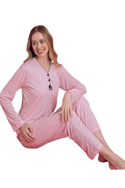 Manolya Women's Viscose Powder Polka Dot Half Button Long Sleeve Pajamas Set