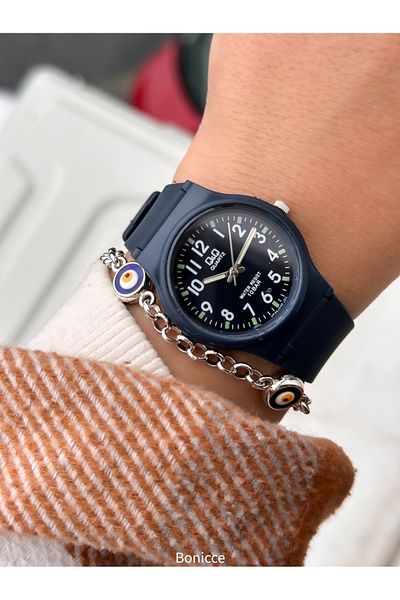 Q&Q Brand Navy Blue Color Silicone Cord Small Case Numeral Wrist Watch+Bracelet