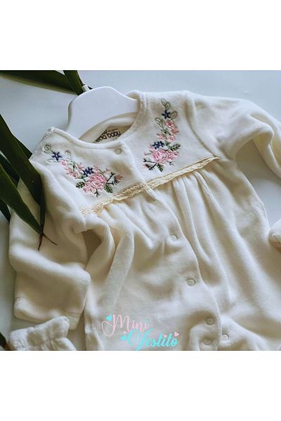 MiniVestito Catalina Hydrangea Embroidered Apple Stone 100% Cotton Hat and Gloves Overalls