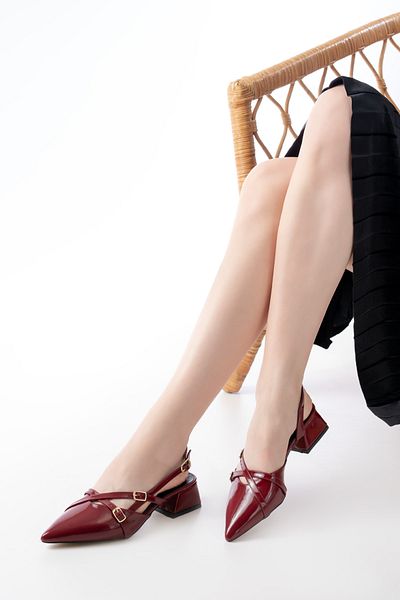 JAKJOUR Women's Short Heeled Shoes Burgundy Pointed Toe Open Back Comfortable Daily Stylish Patent Leather Shoes