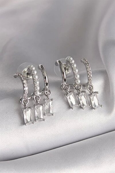 Clariss Brass Silver Color Pearl Detail Dangle Zircon Stone Women's Earrings