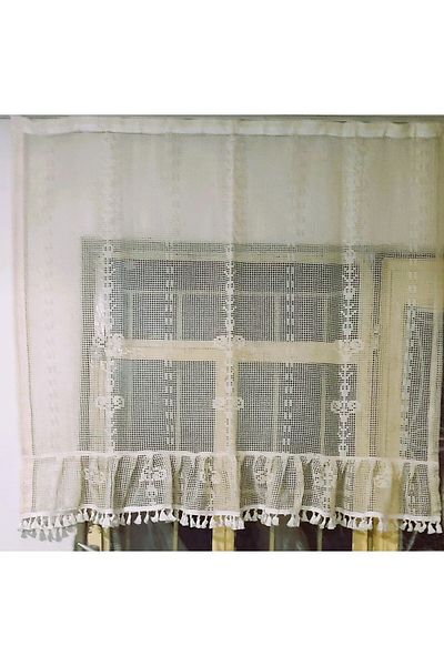 TUNCAY TEKSTİL Width X Size Macrame Ruffled Natural Tulle Curtain