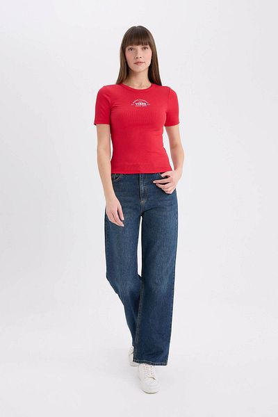 DeFacto Fitted Crew Neck Printed Ribbed Camisole Short Sleeve T-Shirt E5069Ax25Sp