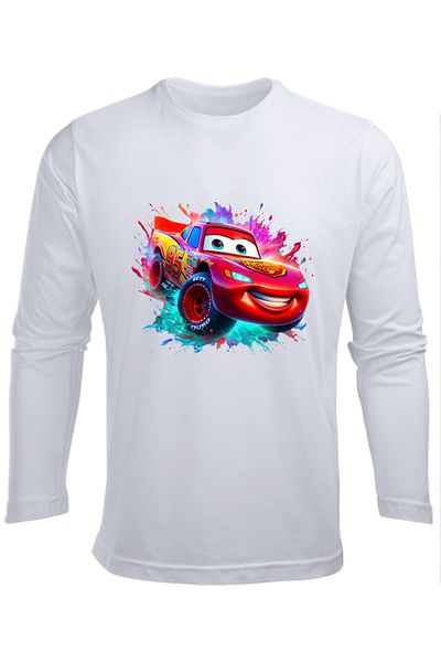 Efendioğlu Design Tricou pentru copii din bumbac colorat cu mânecă lungă Lightning mcqueen color backbon imprimat