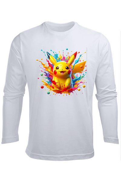 Efendioğlu Design Tricou pentru copii din bumbac colorat cu mânecă lungă Pikachu pokemon colorat arcaboon imprimat