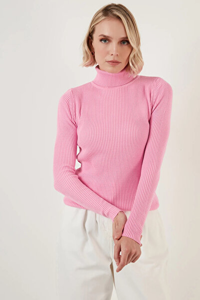 Sublime Butik Şeker Pembe Pamuklu Balıkçı Boğazlı Kazak Fitilli Body