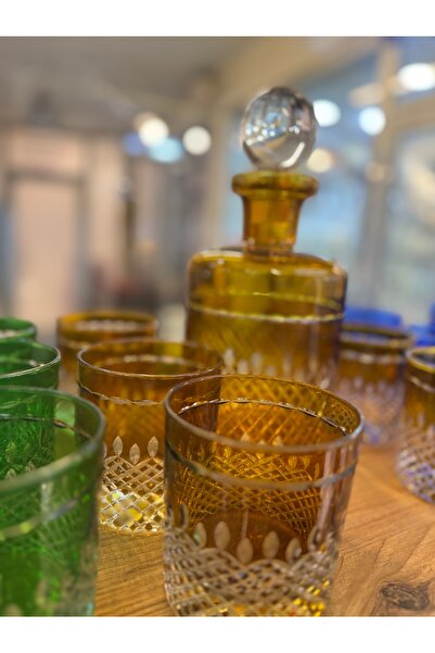 hediye ESTERHOMEDECOR 7’li Karaflı kesme cam viski bardak seti amber