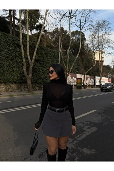 LB Laluna Butik Kadın Koyu Gri Yüksek Bel Cepli Kemerli Içi Şortlu Etek