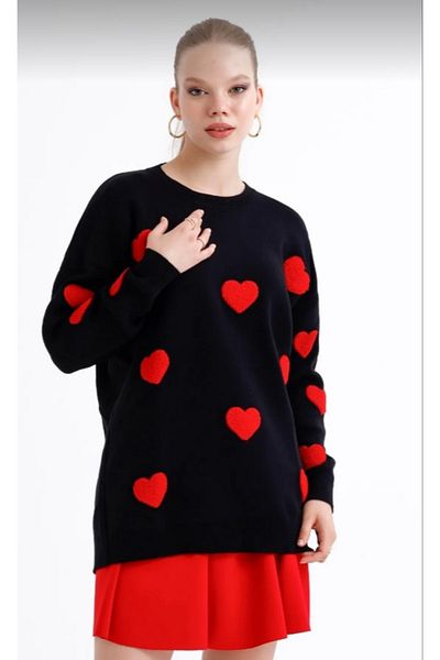 BUTİK1AVM Women's Knitwear Sweater and Tunic Heart Pattern Crew Neck Oversize Fit in Black-Ecru-Red Colors