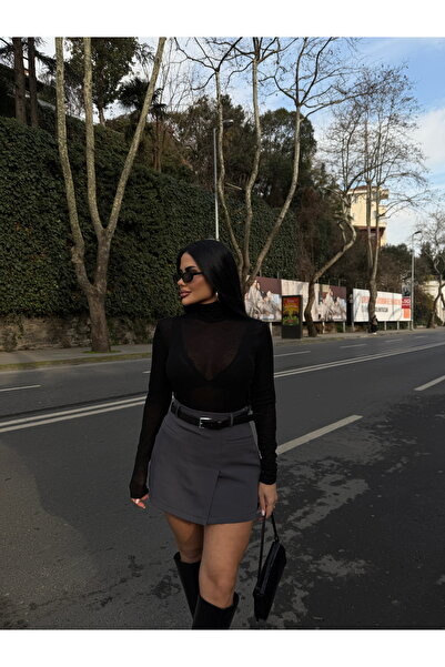 LB Laluna Butik Kadın Koyu Gri Yüksek Bel Cepli Kemerli Içi Şortlu Etek