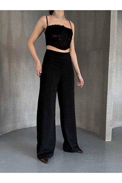 MevaMoss Kadın Yandan Fermuarlı Bol Paça Palazzo Pantolon Mvms649621