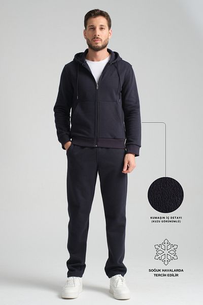 Shooter Men's Winter Tracksuit Set - Navy Blue, Lamb Hood, Regular Fit, Minimal Logo, Hood