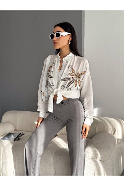 Tarzz Collection Ayrobin Keten Pul Ve Taş Makine Nakış Işlemeli Taş Dekorlu Ö...