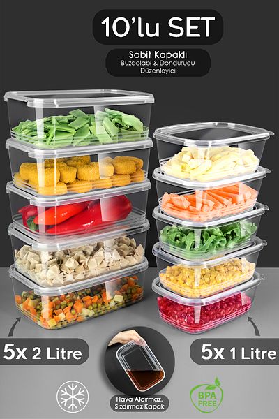 Meleni Home Set of 10 Leak-Proof Self-Clamshell Storage Containers - Airtight Food Container Suitable for Deep Freezer