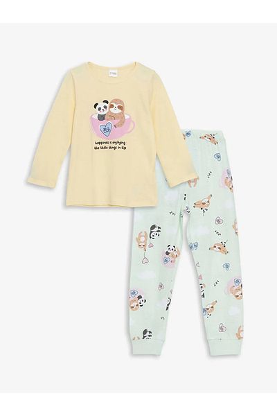 LC Waikiki Lcw Kids Yellow Crew Neck Printed Girls Pajamas Set