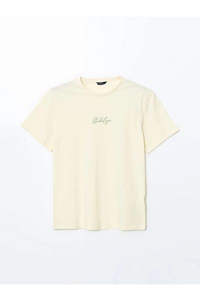 LC Waikiki Ανδρικό μπλουζάκι LCW ECO Ecru Crew Neck με στάμπα από βαμβακερό χτενισμένο βαμβάκι
