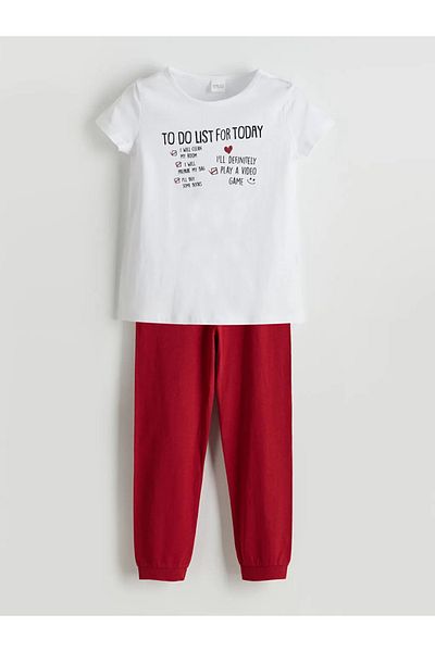 LC Waikiki Set pijamale pentru fete LCW ECO alb cu gât crew