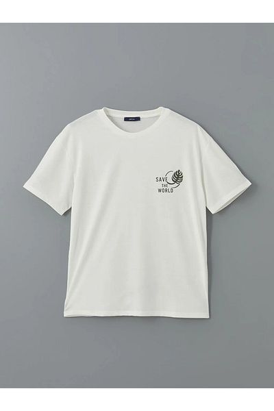 LC Waikiki Ανδρικό μπλουζάκι LCW ECO Ecru Crew με κοντό μανίκι με στάμπα από βαμβακερό βαμβάκι