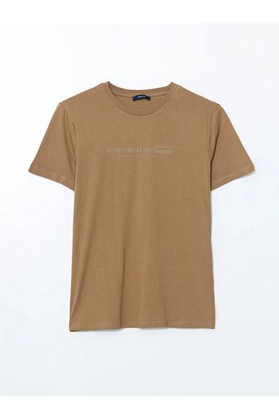 LC Waikiki Ανδρικό μπλουζάκι LCW ECO Khaki Crew με κοντό μανίκι με στάμπα από βαμβακερό χτενισμένο βαμβάκι
