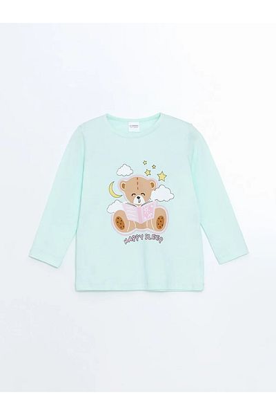 LC Waikiki Lcw Kids Turquoise Crew Neck Printed Girls' Pajamas Set