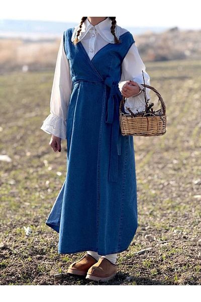OlaLady Rochie Salopet pentru femei, cu bretele groase, cu cravată laterală, blugi din denim