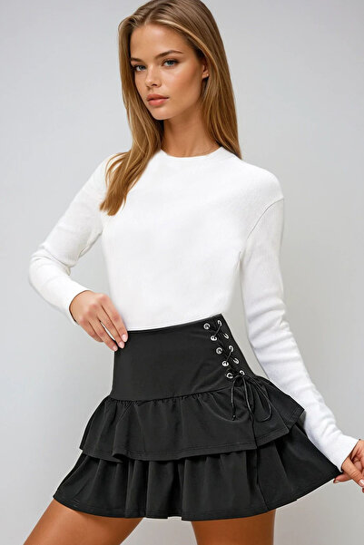 VAGGON Women's Black Bird Eye Lacing Detailed Layered Flounce Woven Skirt Prm1297