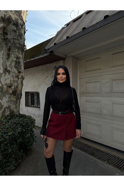 LB Laluna Butik Fusta de damă bordeaux cu talie înaltă, cu buzunare, cu pantaloni scurți în interior