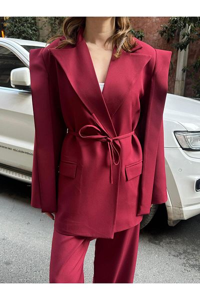 FERZOLAİO Burgundy Blazer Jacket with Shoulder Detail