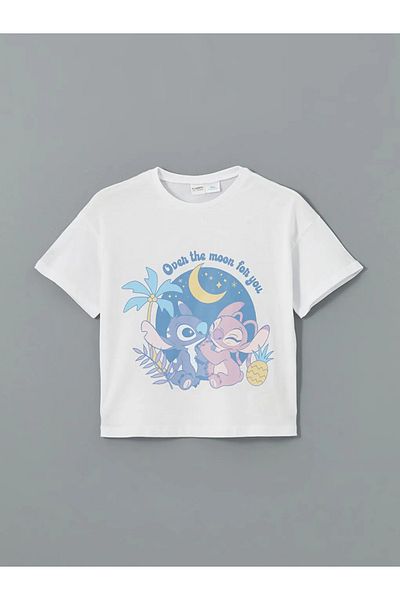 LC Waikiki Set de pijamale pentru fete LCW Kids, alb, cu decolteu, cu imprimeu Lilo și Stitch