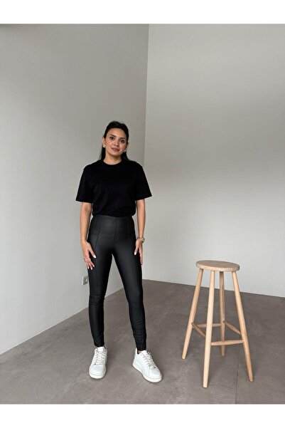 Bade Butik Colanți negridin piele cu detaliu de ciorapi subțiri