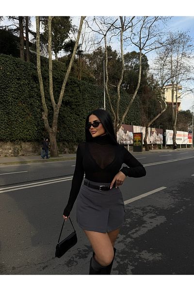 LB Laluna Butik Fusta cu buzunare cu talie înaltă gri închis pentru femei, cu pantaloni scurți în interior