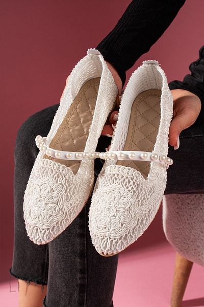FUGA MODA Balerini Barta alb oval brodat cu centura de perle