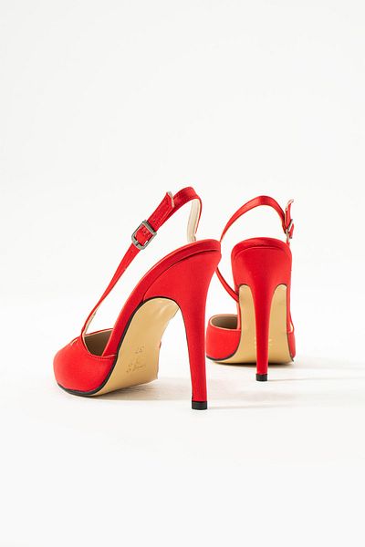 es exello Red Satin Shoes with Open Back High Thin Heels
