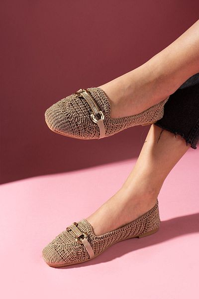 FUGA MODA Celino Mink Stone Buckle Oval Saddle Embroidered Knitwear Ballerinas