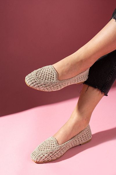 FUGA MODA Celina Beige Oval Saddler Embroidered Knitwear Ballerinas