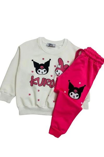 ÇİTO KİDS Girl's 100% Cotton Ecru Pink Kuromi Printed Long Sleeve Crew Neck Tracksuit Set