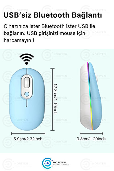 Noriyen Silent Plus RGB Işıklı Ultra Sessiz 4 Tuşlu USB 2.4G Şarjlı Kablosuz Wireless Bluetooth M1 Mouse