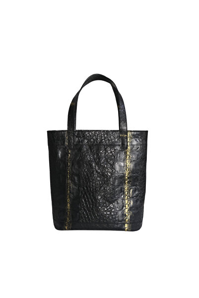 Atelier Nui Siyah Tote Bag /Siyah Baskılı Hakiki Deri Büyük Omuz Çantası