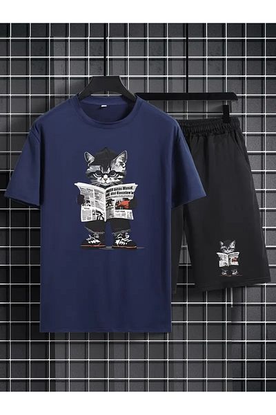 FULL TOLERANCE Yd Design Journalist Cat Printed Unisex Oversize Shorts T-Shirt 2-Piece Set