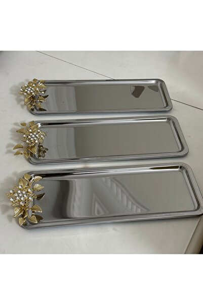 Elzemm store PASLANMAZ ÇELİK PAPATYA TAŞLI 3 ADET DİKDÖRTGEN   MODEL SUNUM TE...