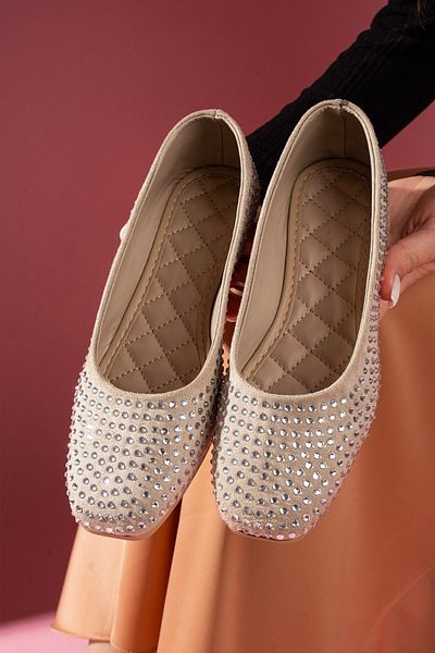 FUGA MODA Lovin Mink Suede Full Transparent Stone Embroidered Soft Ballerinas
